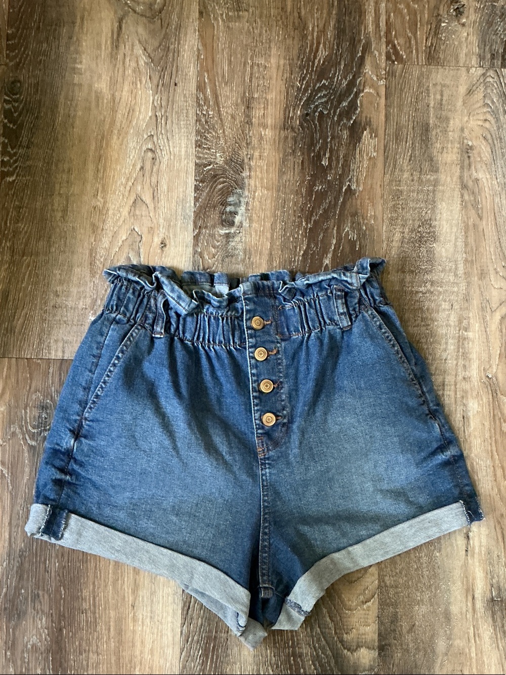 High-Waist Paperbag Denim Shorts - Blue